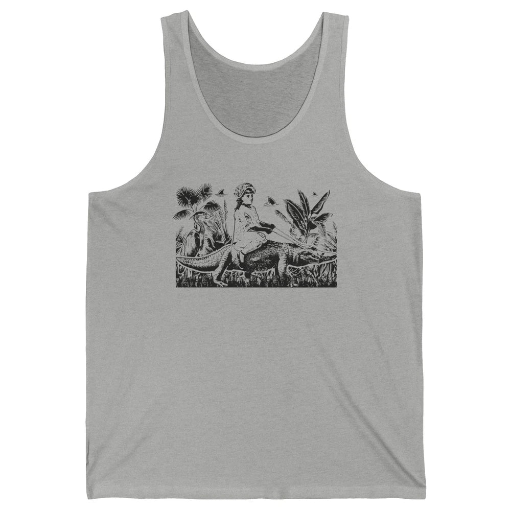 Retro Florida Tropical Land Girl Riding Alligator Summer Unisex Jersey Tank