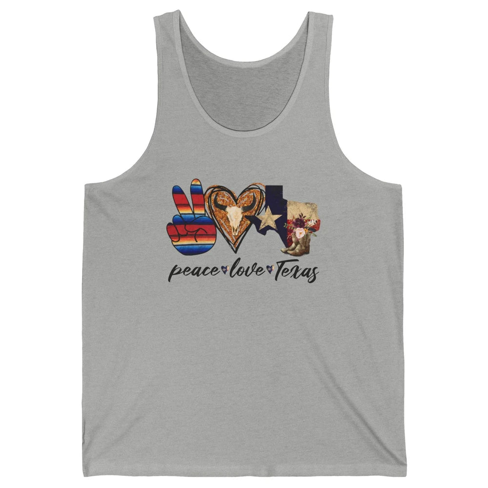 Retro Peace Love Texas Cowboy Boots Western Country Cowgirl Unisex Jersey Tank