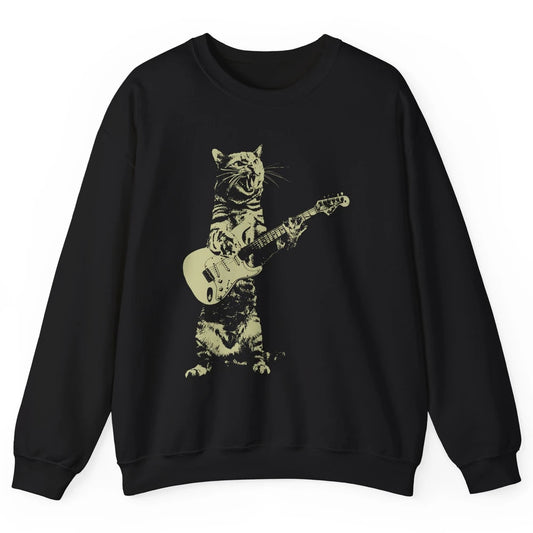 Retro Cat Playing Guitar Cat Guitarist Music Lovers Cat Mom Unisex Crewneck Sweatshirt