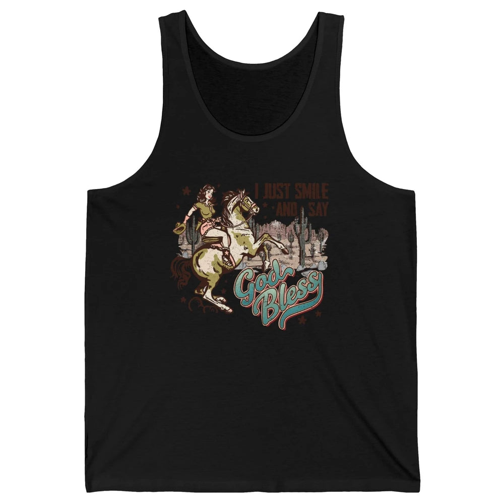 Retro Cowgirl Horsing I Just Smile And Say God Bless Western Unisex Jersey Tank