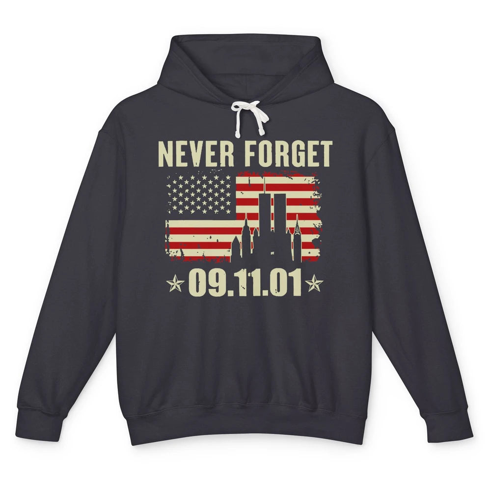 Retro Never Forget 911 American Flag Patriotic Memorial Gift Unisex Lightweight Hoodie