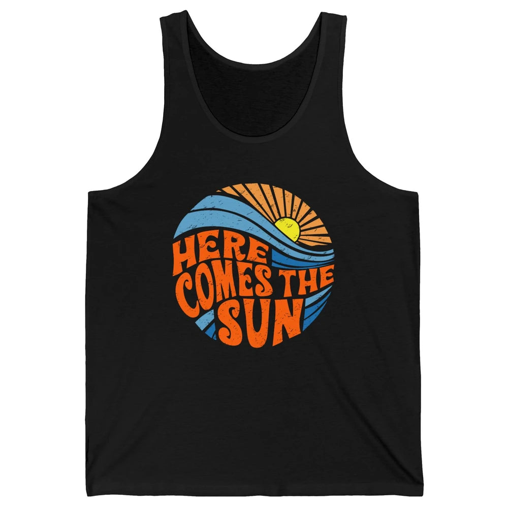 Retro Rainbow Sunrise Here Comes The Sun Hippie Girl Unisex Jersey Tank