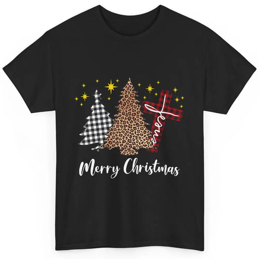 Merry Christmas Xmas Tree Cross Red Plaid Christian Leopard Classic Unisex T-Shirt