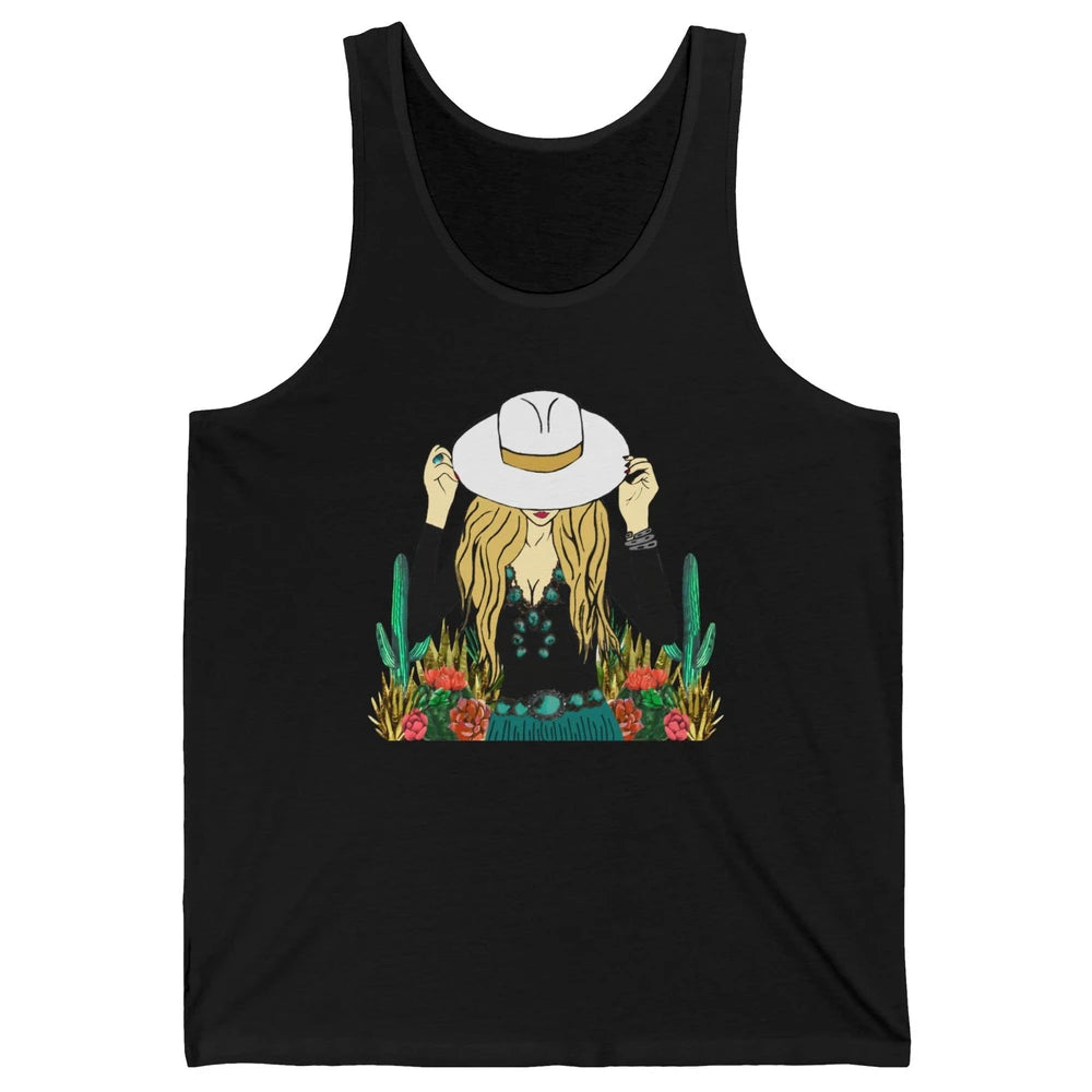 Retro Blonde Cowgirl Punchy Cowhide Turquoise Western Cowboy Unisex Jersey Tank