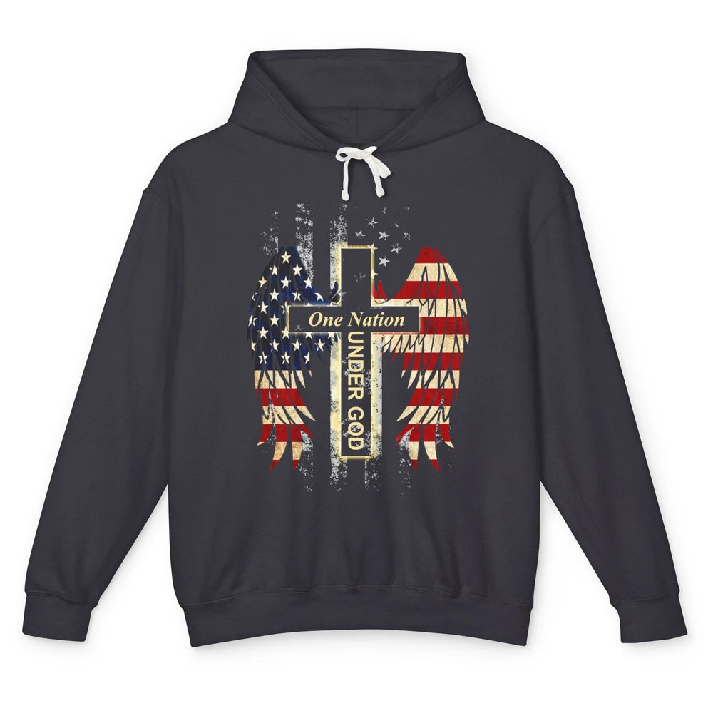 Patriotic One Nation Under God American Flag Faith Cross Unisex Lightweight Hoodie