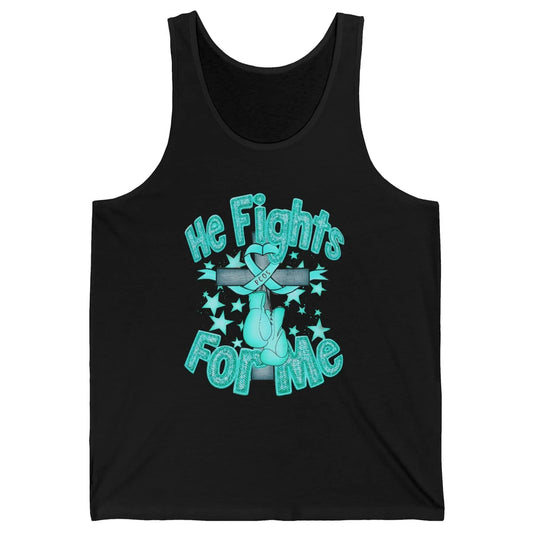 PCOS Awareness He Fights For Me Jesus Cross Teal Ribbon Unisex Jersey Tank