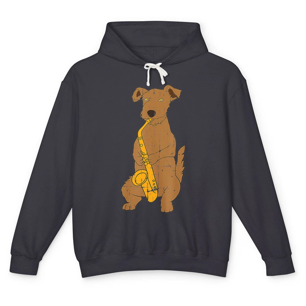 Funny Dog Vintage Jazz Puppy Musician Musical Note Saxophone Unisex Lightweight Hoodie