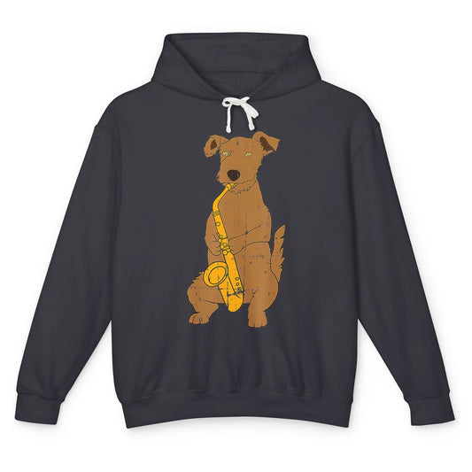 Funny Dog Vintage Jazz Puppy Musician Musical Note Saxophone Unisex Lightweight Hoodie