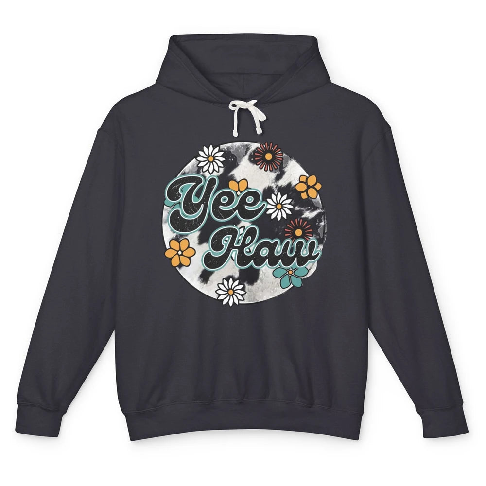 Retro Groovy Daisy Yee Haw Cowhide Western Country Cowgirl Unisex Lightweight Hoodie