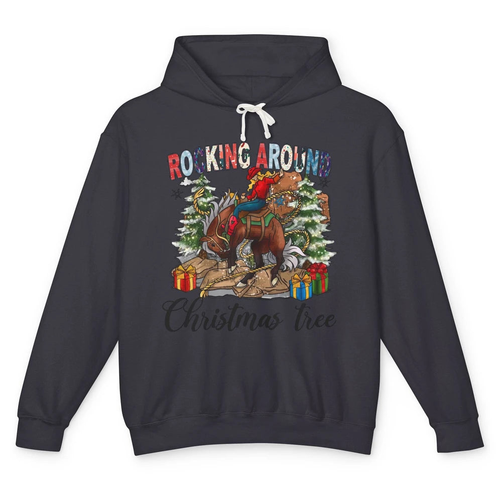 Funny Cowgirl Horsing Rocking Around Christmas Tree Western Unisex Lightweight Hoodie