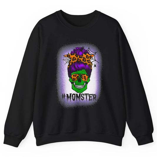 Retro Momster Messy Bun Skull Mom Halloween Spooky Mama Goth Unisex Crewneck Sweatshirt