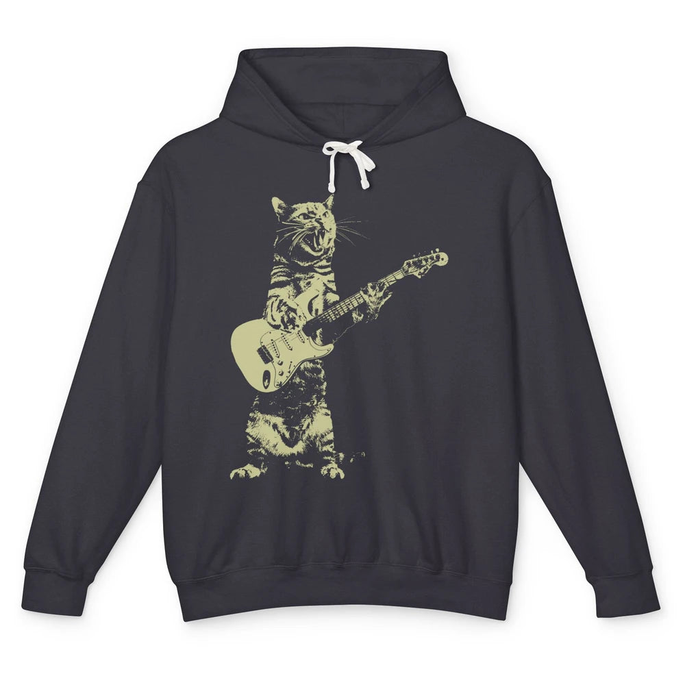 Retro Cat Playing Guitar Cat Guitarist Music Lovers Cat Mom Unisex Lightweight Hoodie