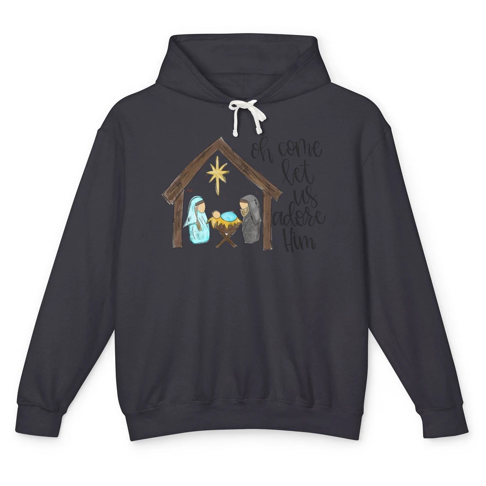 Retro Christmas Church Oh Come Let Us Adore Him Hand Drawing Unisex Lightweight Hoodie