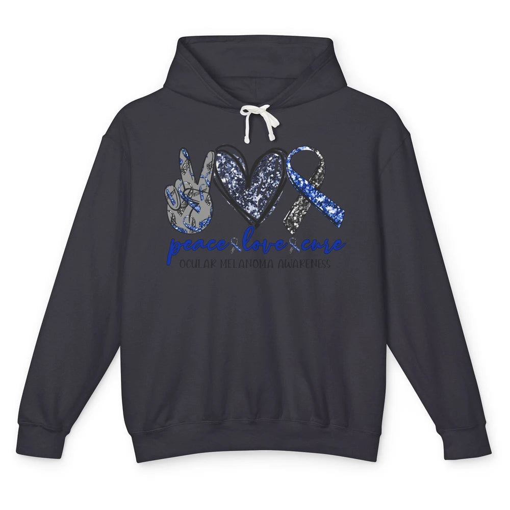 Ocular Melanoma Awareness Peace Love Cure Blue Ribbon Unisex Lightweight Hoodie