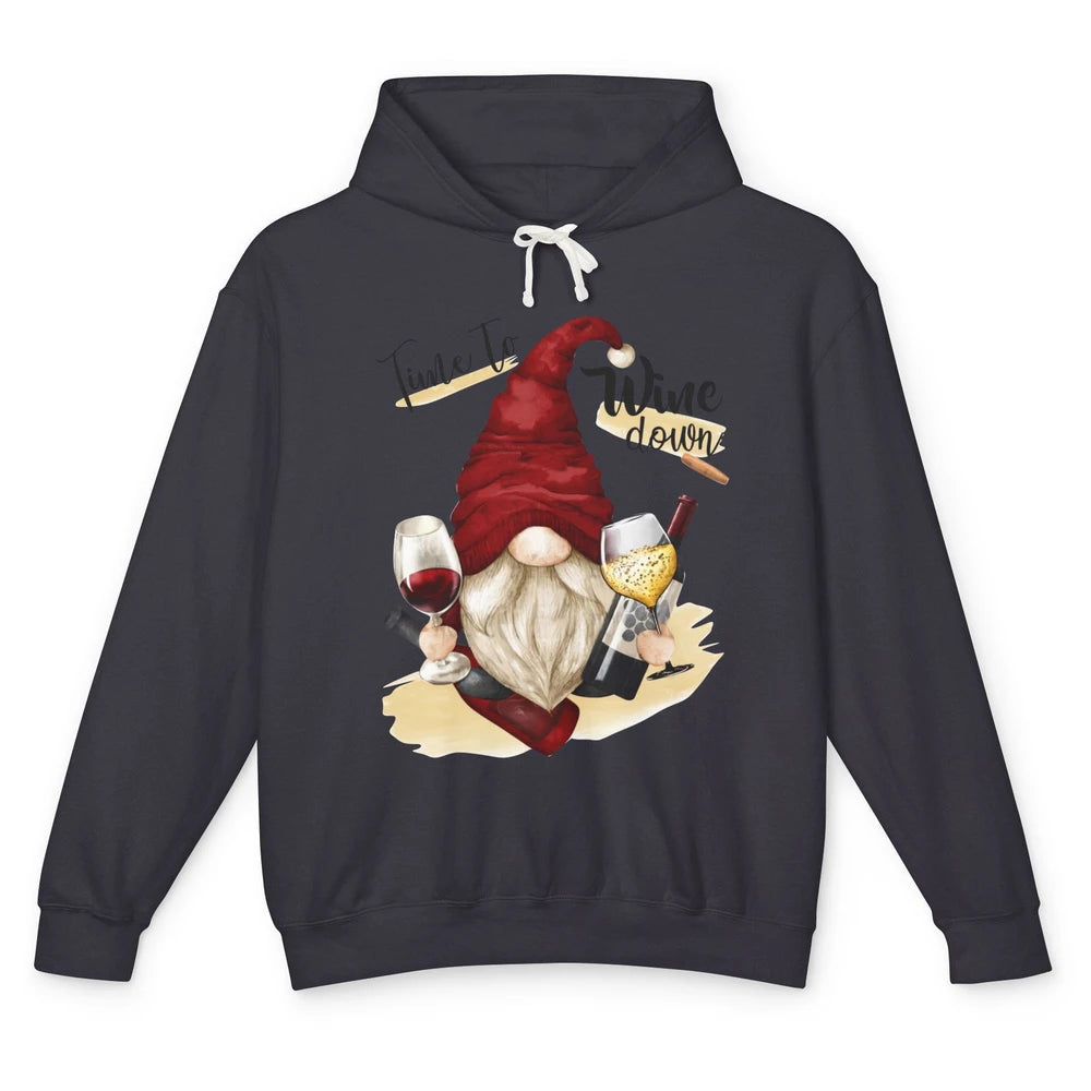 Christmas Gnome Wine It's Time to Wine Down Winter Holiday Unisex Lightweight Hoodie