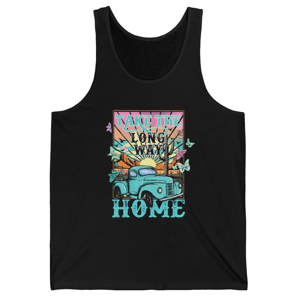 Retro Mountain Sunset Take The Long Way Home Western Country Unisex Jersey Tank