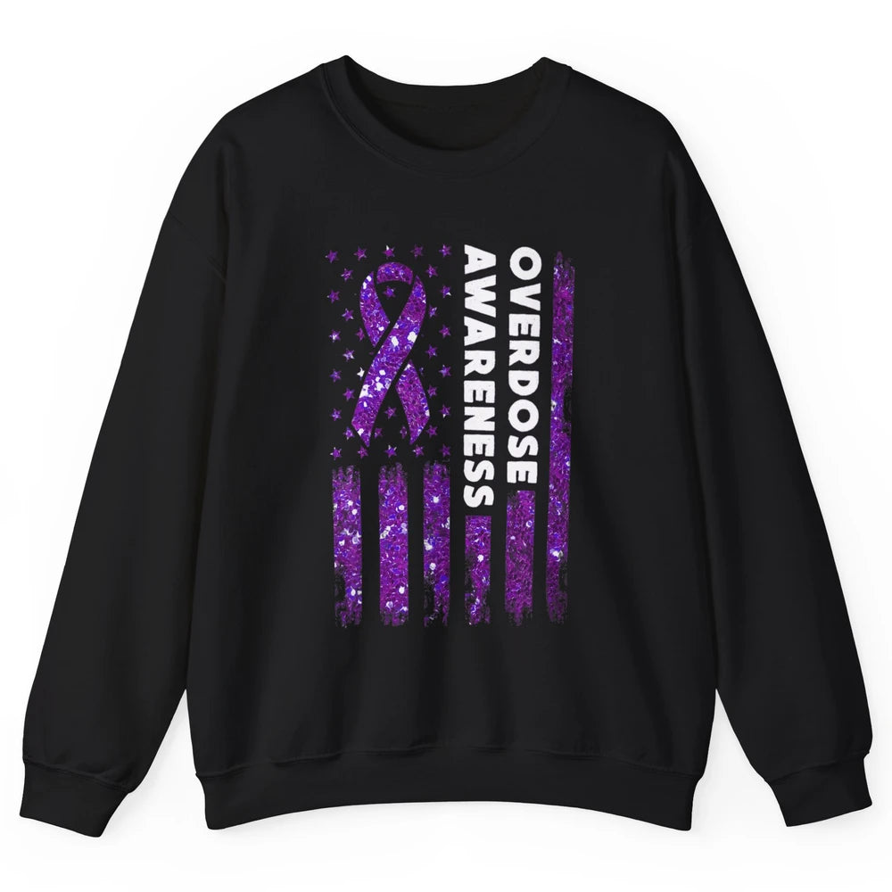 Overdose Awareness US Flag Purple Ribbon Addiction Warrior Unisex Crewneck Sweatshirt