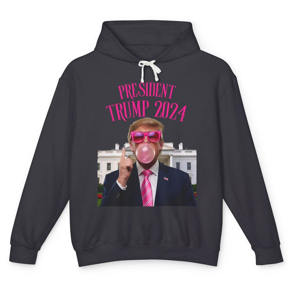 President Trump 2024 Blowing Bubble Gum Funny Trump Won Sarcastic Chewing Gum Pink Sunglasses Political Unisex Lightweight Hoodie