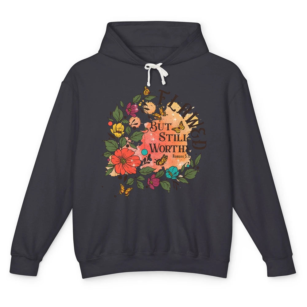 Retro Floral Flawed But Still Worthy Bible Verse Christian Unisex Lightweight Hoodie