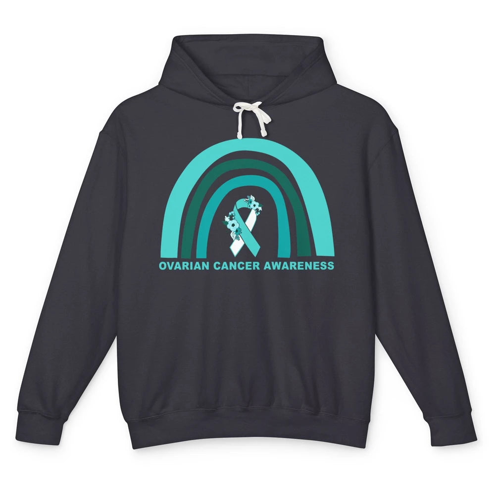 Ovarian Cancer Awareness Support Floral Turquoise Rainbow Unisex Lightweight Hoodie