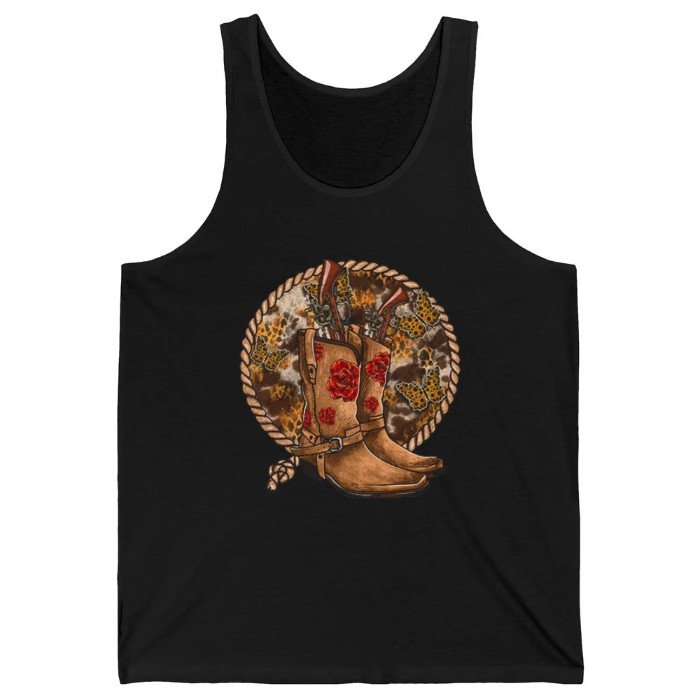 Retro Leopard Cowgirl Boots Sunflower Rodeo Western Country Unisex Jersey Tank