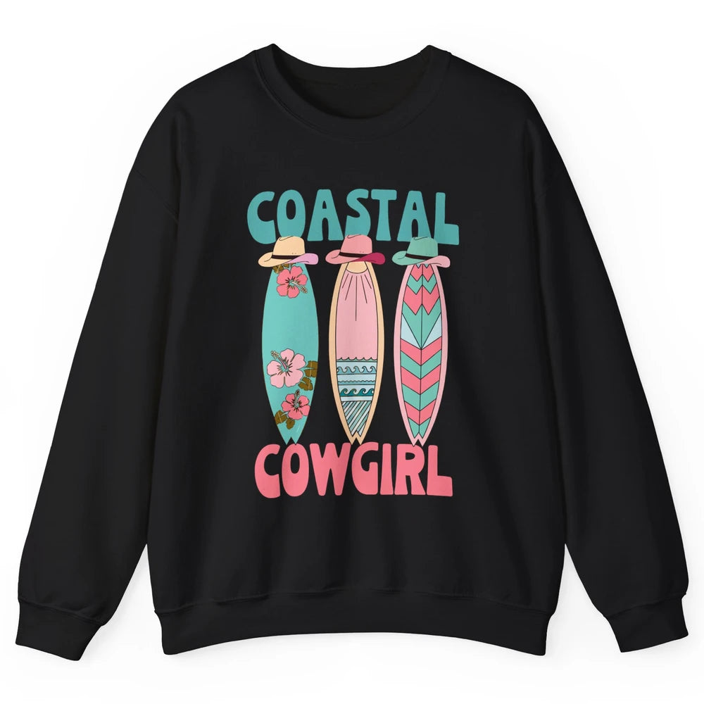 Retro Coastal Cowgirl Surfboards Western Cowgirl Beach Life Unisex Crewneck Sweatshirt