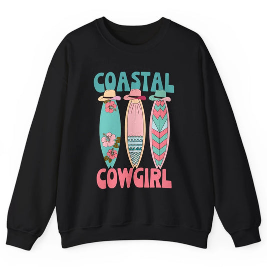 Retro Coastal Cowgirl Surfboards Western Cowgirl Beach Life Unisex Crewneck Sweatshirt