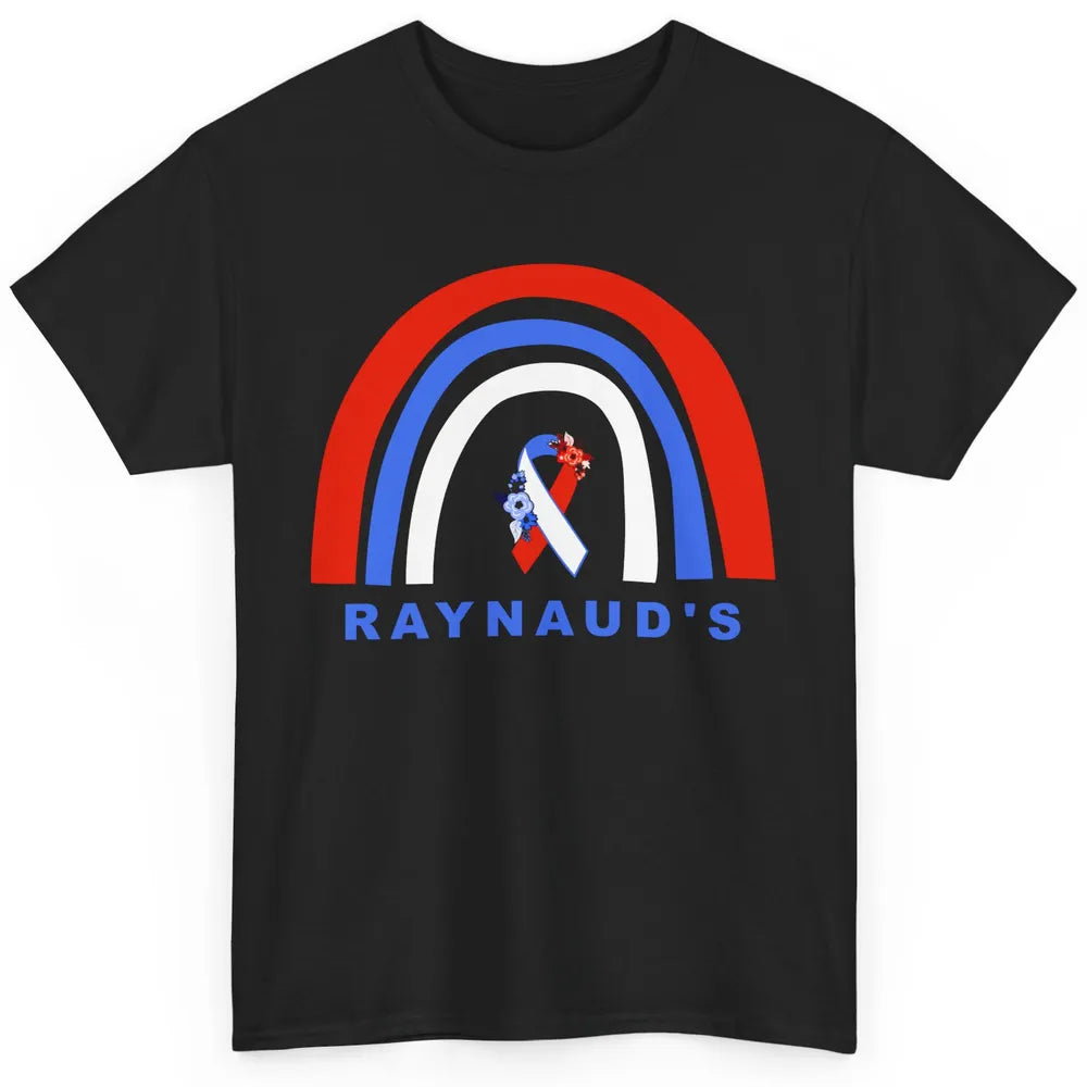 Raynaud's Syndrome Awareness Floral Red Blue Ribbon Rainbow Classic Unisex T-Shirt