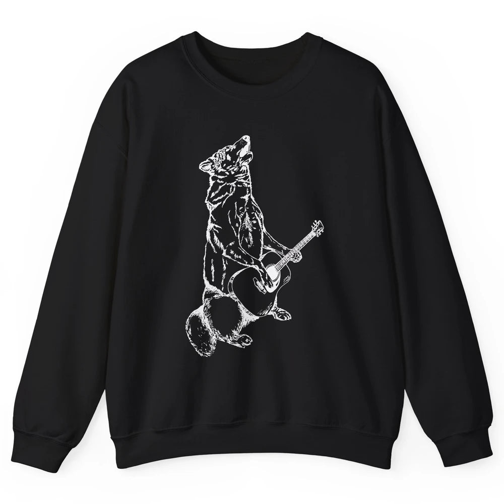 Retro Howling Wolf Playing Guitar Musician Guitarist Music Unisex Crewneck Sweatshirt