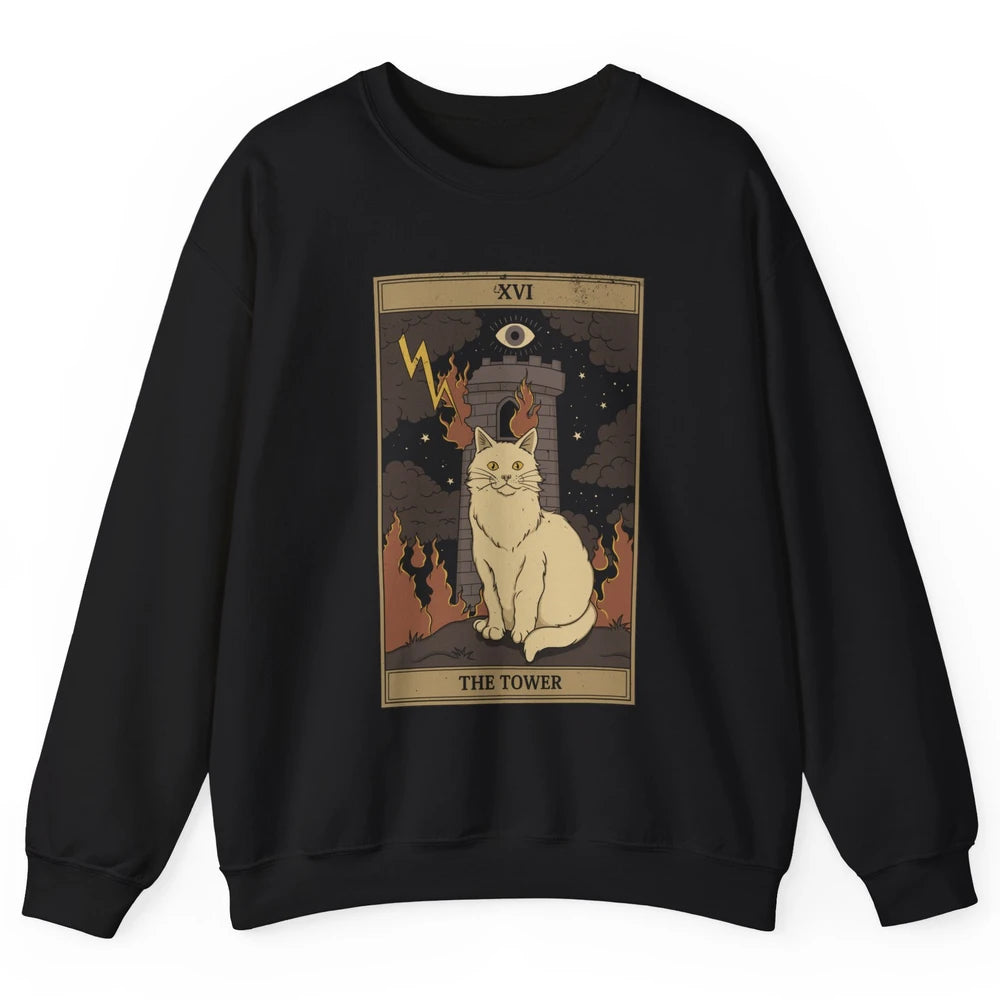 Retro Halloween Cat Witch The Tower Tarot Card Witchcraft Unisex Crewneck Sweatshirt
