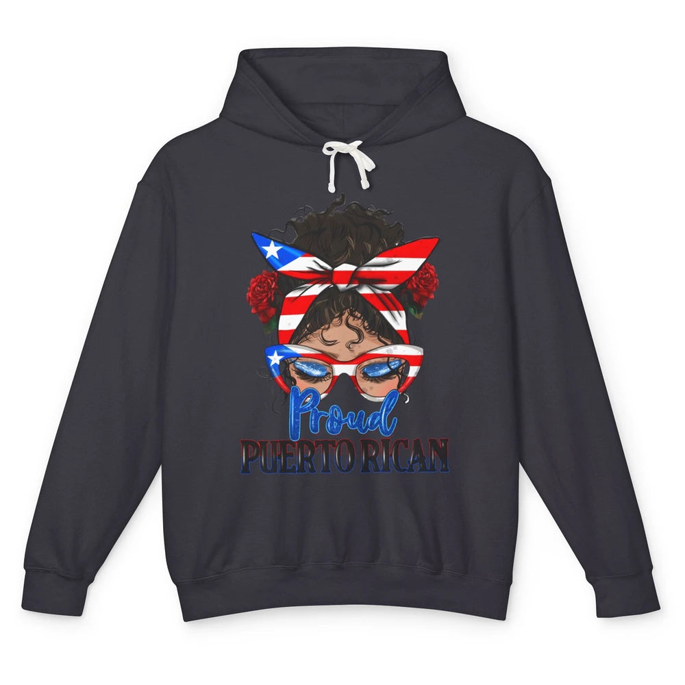 Proud Puerto Rican Girl Messy Bun Hair Puerto Rico Flag Unisex Lightweight Hoodie
