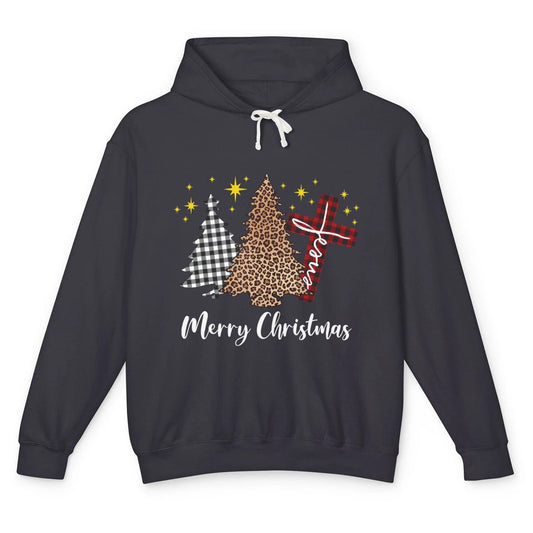 Merry Christmas Xmas Tree Cross Red Plaid Christian Leopard Unisex Lightweight Hoodie