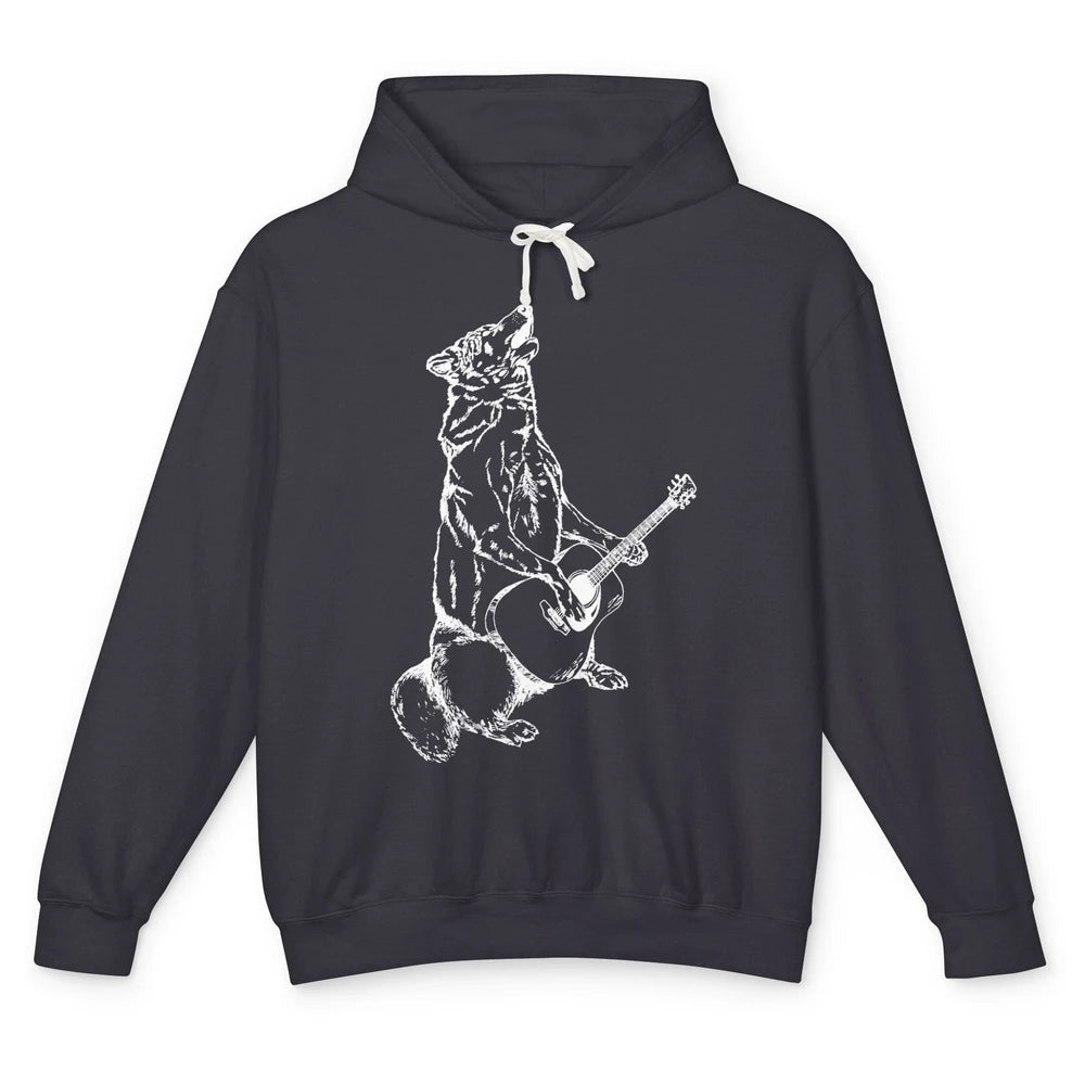 Retro Howling Wolf Playing Guitar Musician Guitarist Music Unisex Lightweight Hoodie