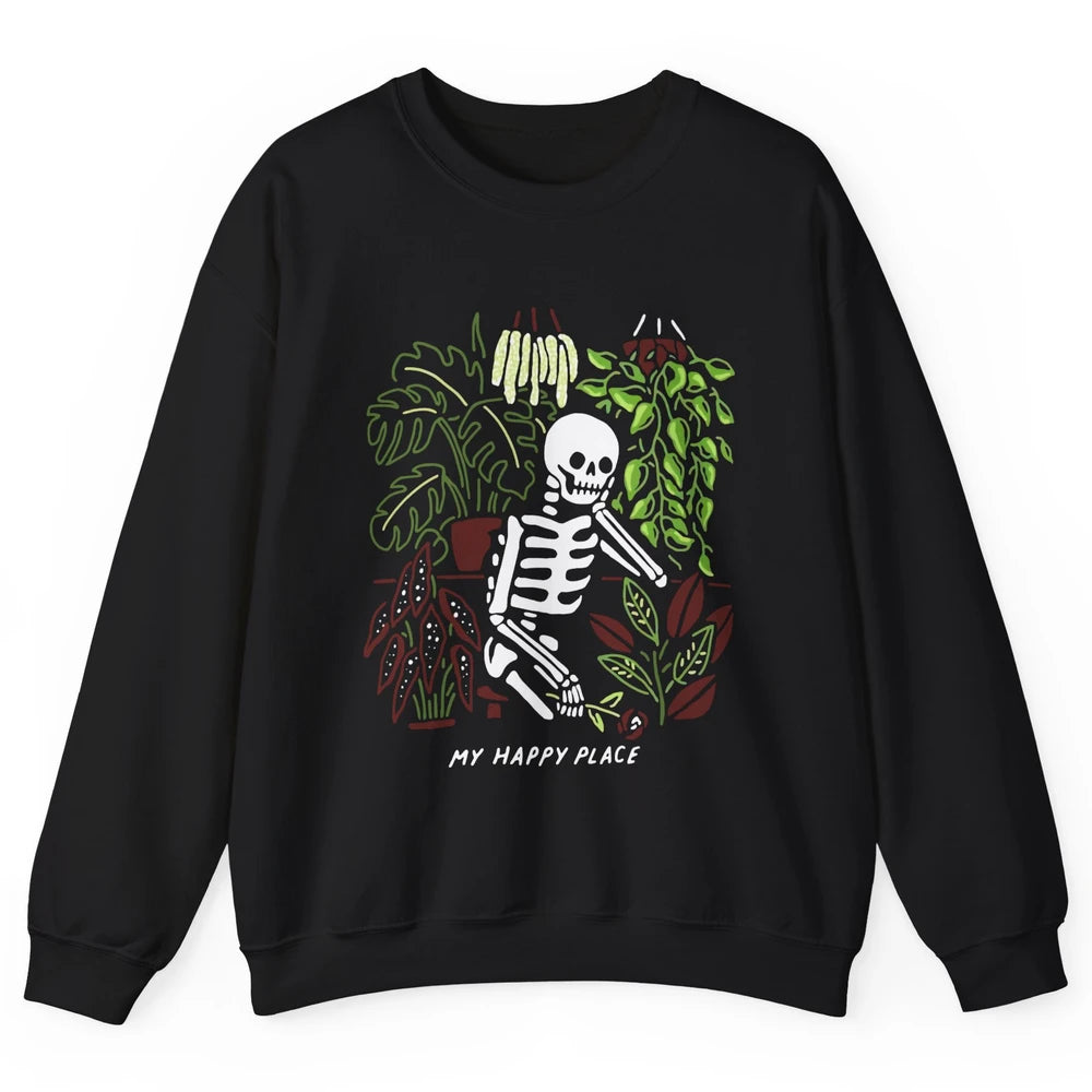 Retro Funny Skeleton Gardening My Happy Place Plant Lovers Unisex Crewneck Sweatshirt