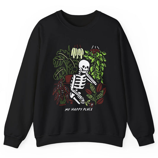 Retro Funny Skeleton Gardening My Happy Place Plant Lovers Unisex Crewneck Sweatshirt