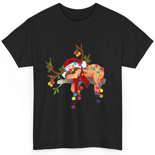 Merry Christmas Santa Claus Hat Sloth Reindeer Xmas Lights Classic Unisex T-Shirt