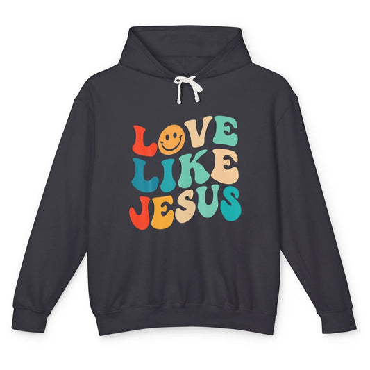Retro Groovy Love Like Jesus Smiling Face Christ Faith God Unisex Lightweight Hoodie