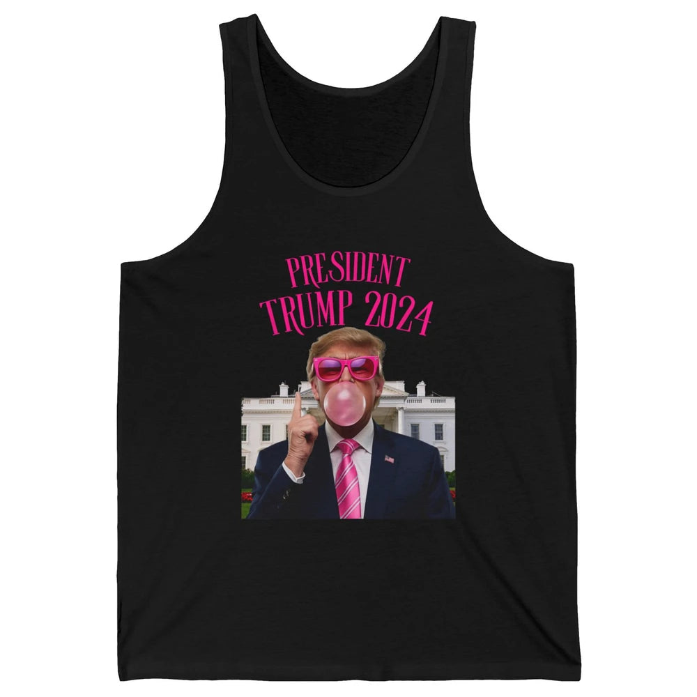 President Trump 2024 Blowing Bubble Gum Funny Trump Won Sarcastic Chewing Gum Pink Sunglasses Political Unisex Jersey Tank