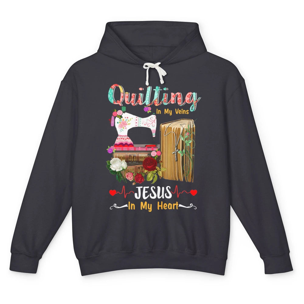 Quilting In My Veins Jesus In Heart Christian Retro Quilt Unisex Lightweight Hoodie