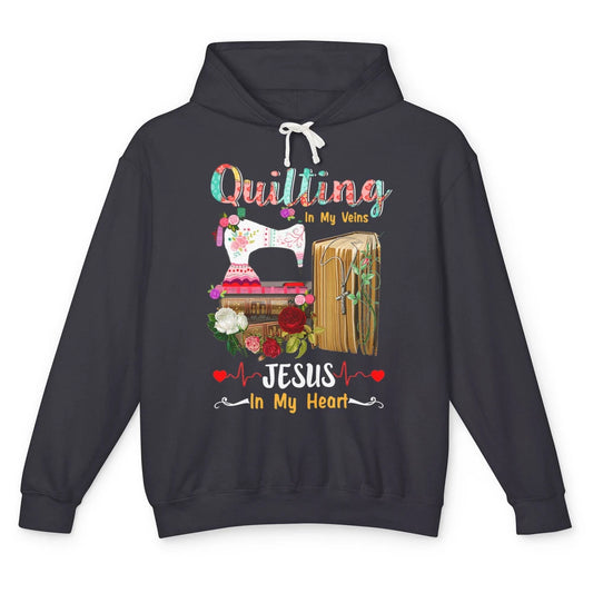 Quilting In My Veins Jesus In Heart Christian Retro Quilt Unisex Lightweight Hoodie