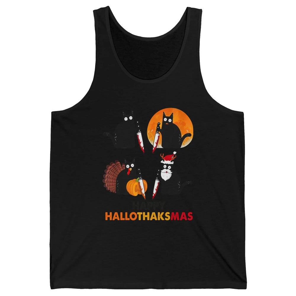 Funny Murderous Cat Turkey Hallo-thank-mas Thanksgiving Xmas Unisex Jersey Tank
