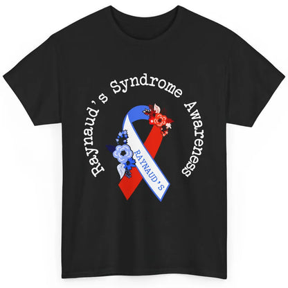 Raynaud's Syndrome Awareness Support Floral Red Blue Ribbon Classic Unisex T-Shirt