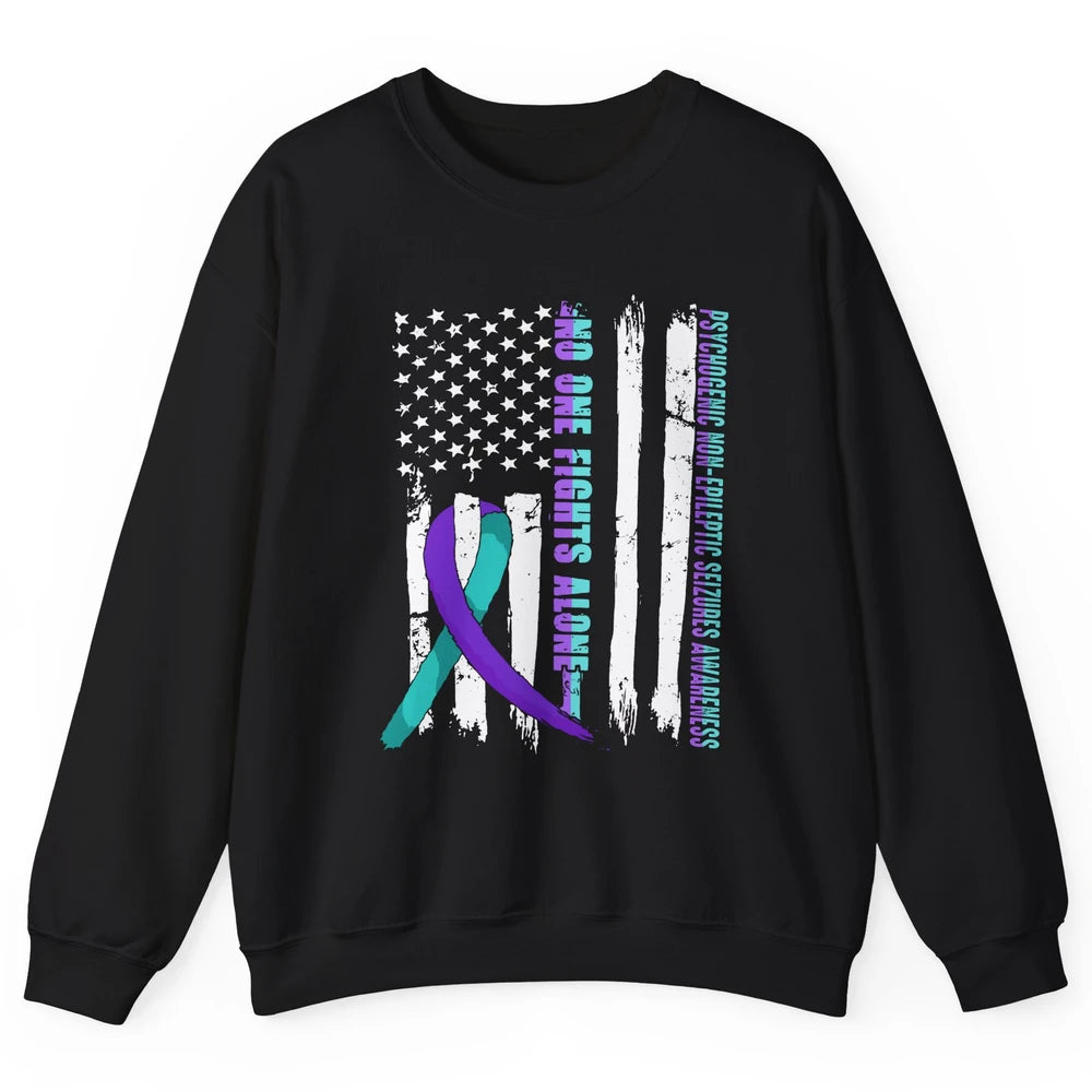 PNES Awareness Purple Teal Ribbon No One Fight Alone US Flag Unisex Crewneck Sweatshirt