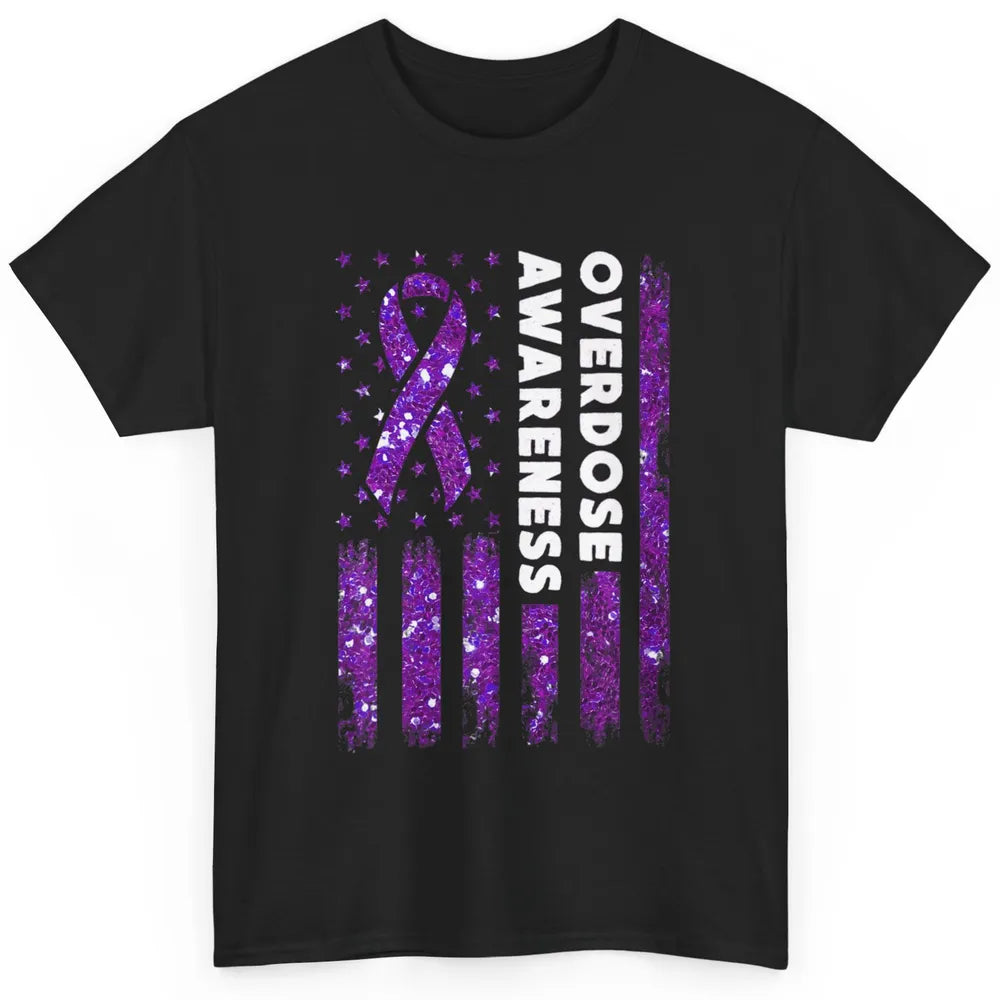 Overdose Awareness US Flag Purple Ribbon Addiction Warrior Classic Unisex T-Shirt
