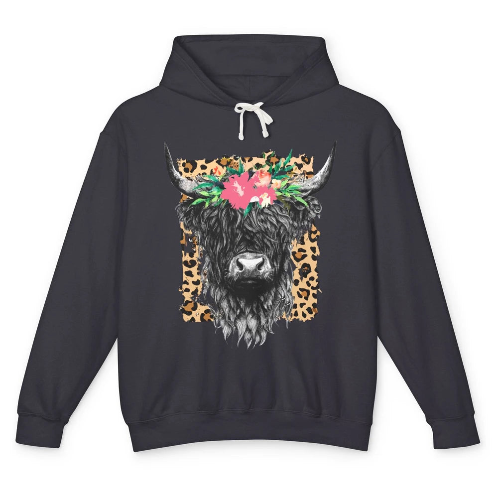 Leopard Floral Highland Cow Heifer Cattles Western Country Unisex Lightweight Hoodie
