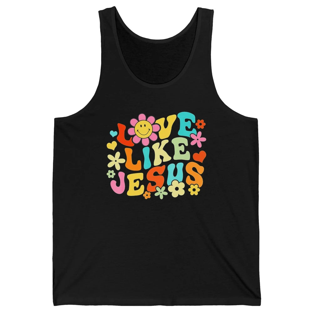 Retro Groovy Love Like Jesus Smiling Face Daisy Boho God Unisex Jersey Tank