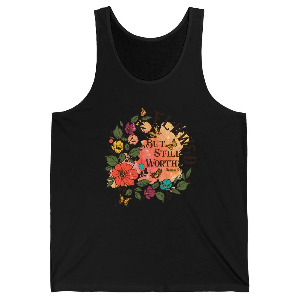 Retro Floral Flawed But Still Worthy Bible Verse Christian Unisex Jersey Tank