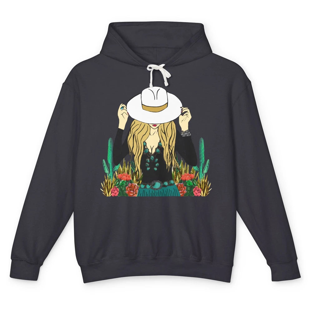 Retro Blonde Cowgirl Punchy Cowhide Turquoise Western Cowboy Unisex Lightweight Hoodie