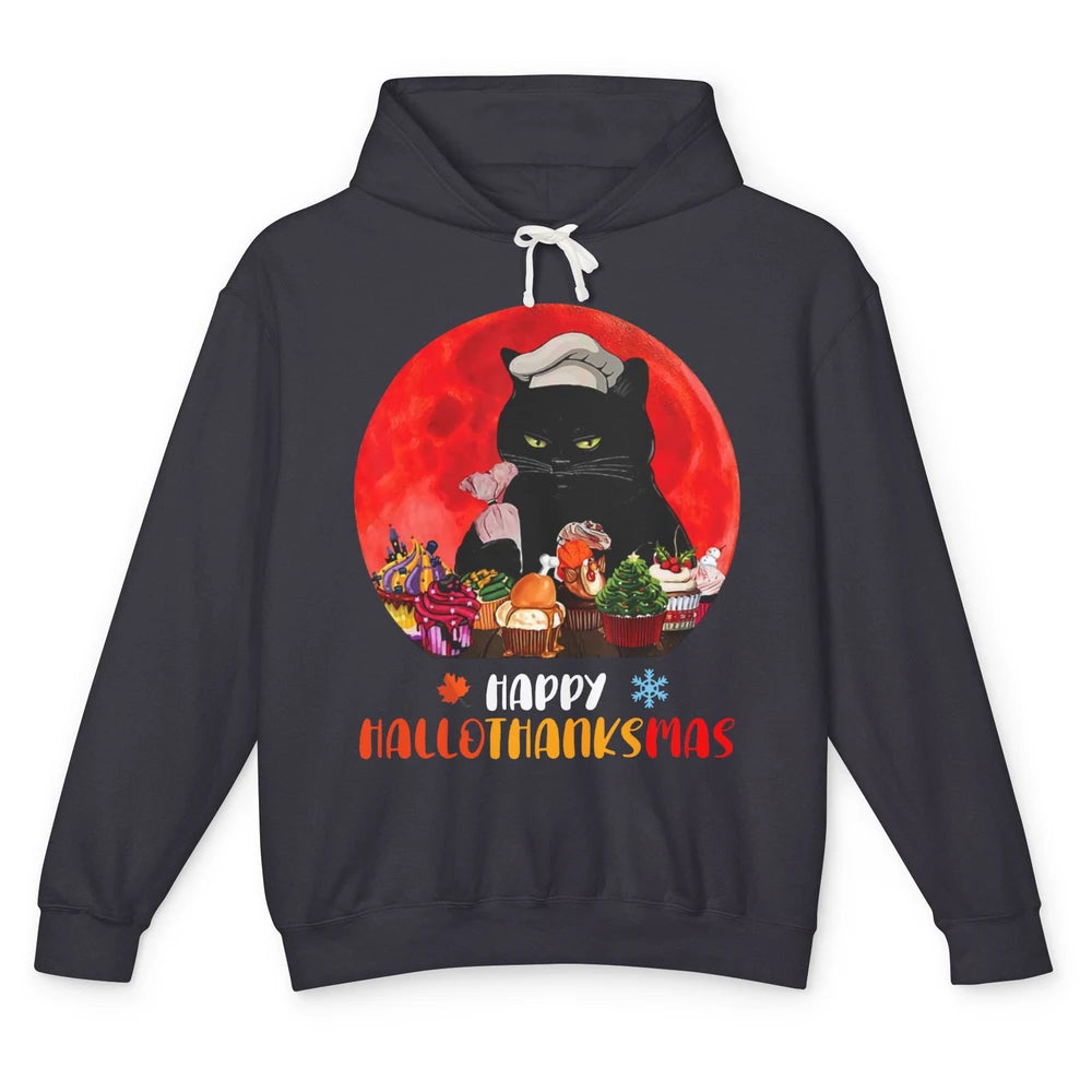 Black Cat Happy Hallothanksmas Baker Cat Halloween Christmas Unisex Lightweight Hoodie