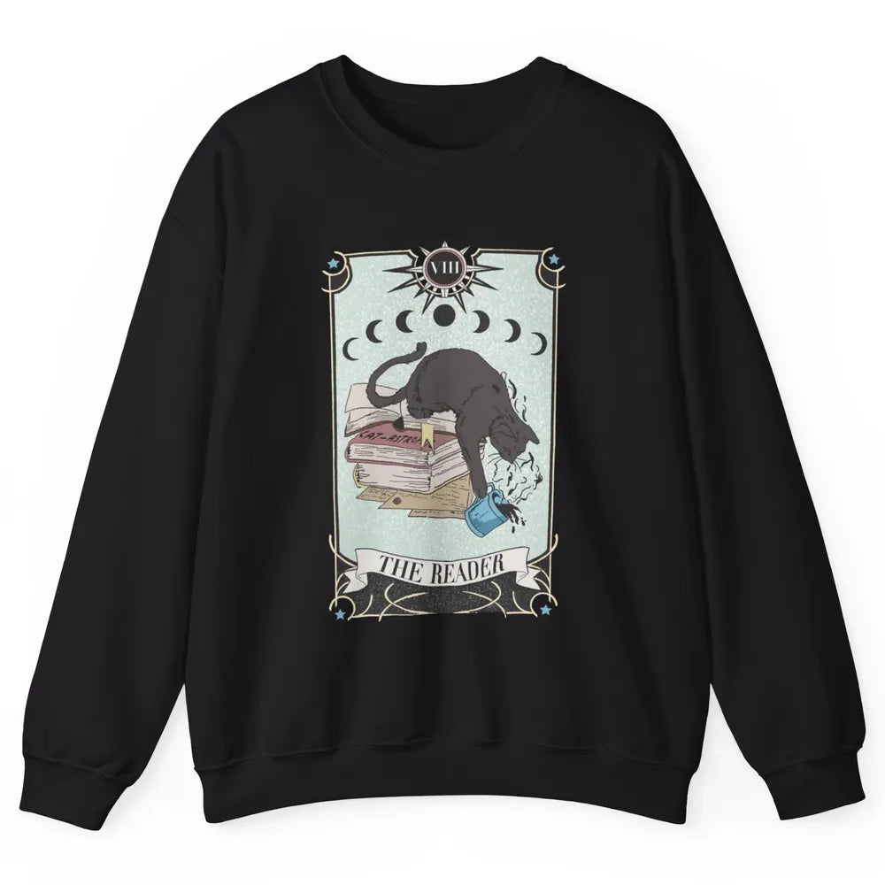 Retro Black Cat Books The Reader Tarot Card Halloween Reading Book Crescent Moon Unisex Crewneck Sweatshirt